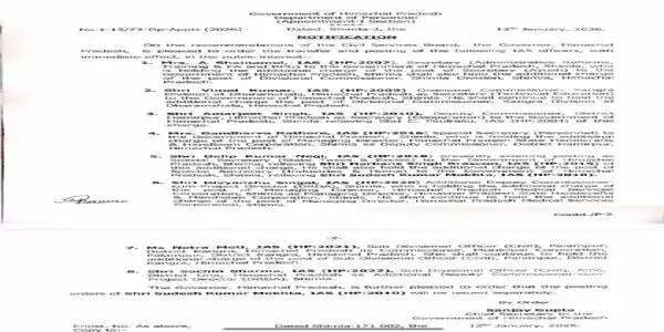 हिमाचल में प्रशासनिक फेरबदल, हमीरपुर के उपायुक्त का तबादला