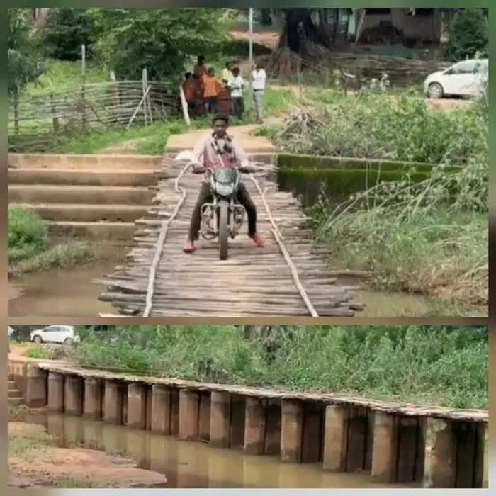 बांसकुंड के ग्रामीणों ने आवागमन के लिए लकड़ियों व बांस से बनाया अस्थायी पुल