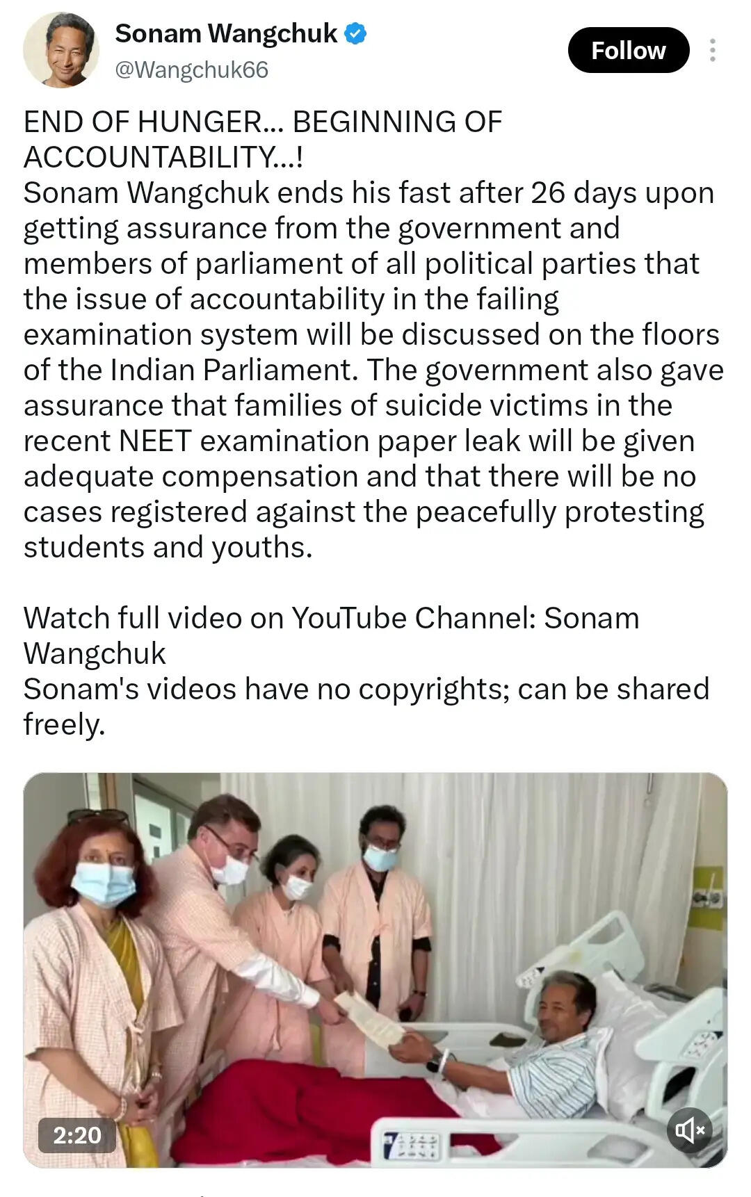 चर्चा, मुआवजा और शांतिपूर्ण प्रदर्शन वाले छात्रों पर नहीं होगी कार्रवाई, सरकार ने दिया आश्वासन : सोनम वांगचुक