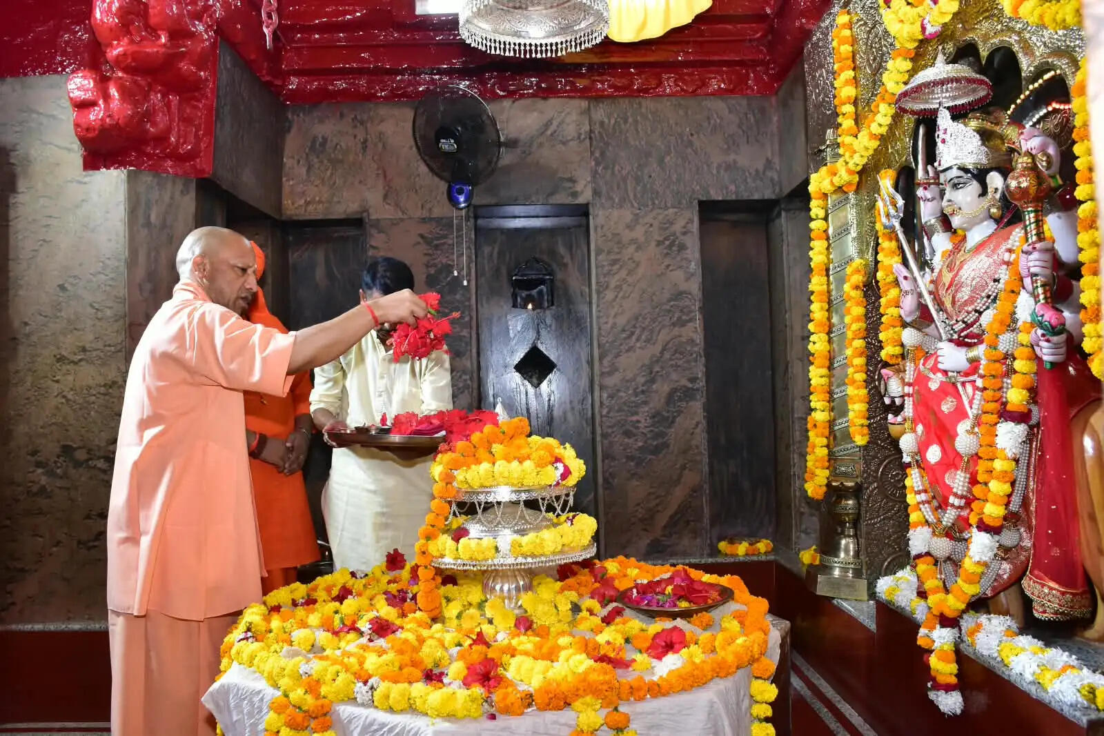 नवरात्रि के प्रथम दिन मुख्यमंत्री योगी ने किया मां पाटेश्वरी का पूजन, गायों को खिलाया हरा चारा