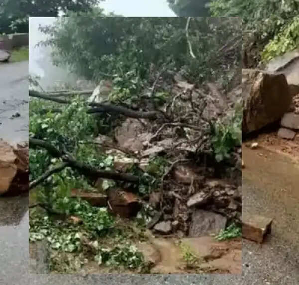 सीधी में मूसलाधार बारिश के बीच पहाड़ का हिस्सा धंसा, सड़क पर गिरा मलबा, सीधी-यूपी मार्ग बंद