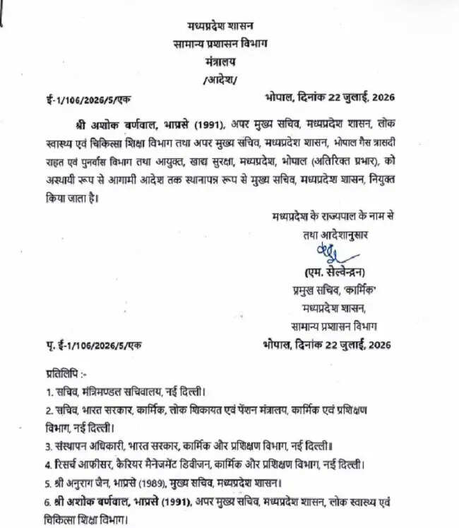 वरिष्ठ आईएएस अशोक बर्णवाल मध्य प्रदेश के नए मुख्य सचिव नियुक्त