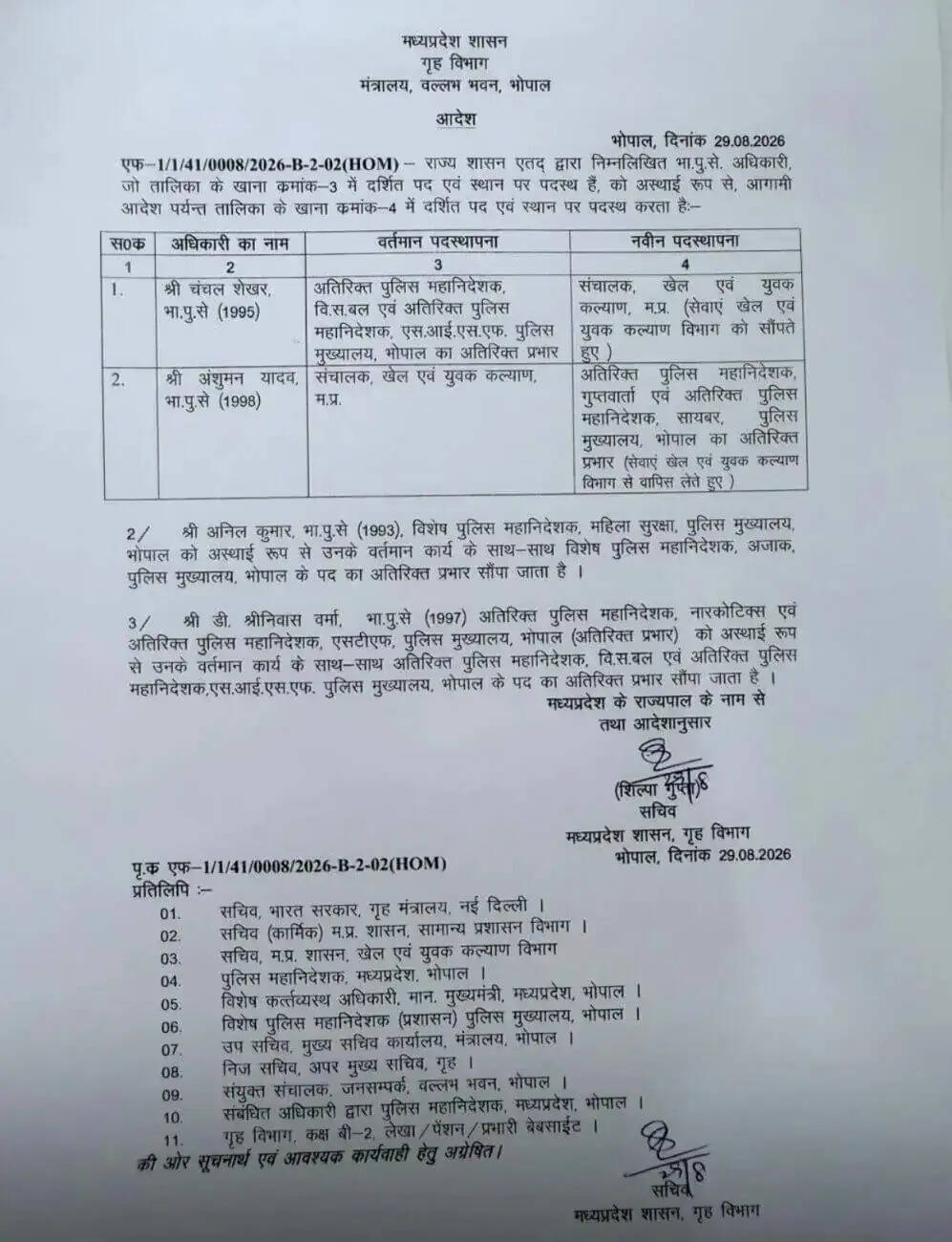 मप्र में चार आईपीएस अधिकारियों को नया जिम्मा, अंशुमन यादव बने एडीजी इंटेलिजेंस, खेल विभाग के डायरेक्टर बने चंचल शेखर