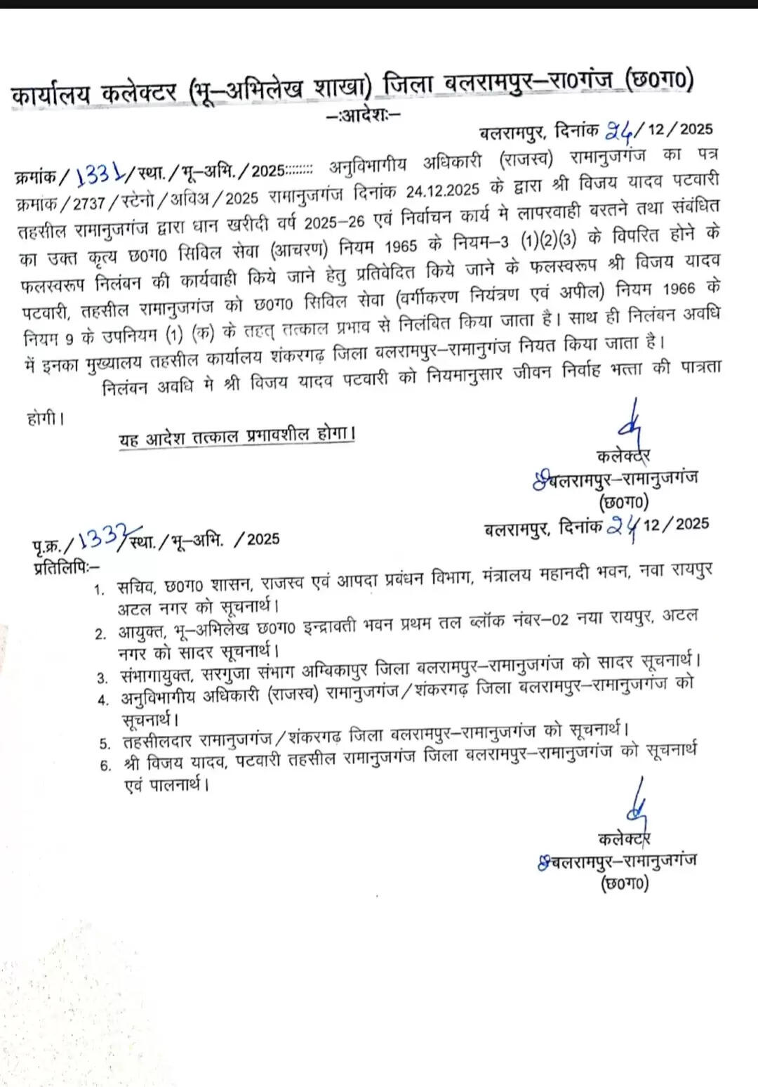 बलरामपुर : धान खरीद व निर्वाचन कार्य में लापरवाही करने&nbsp;वाले&nbsp;दो पटवारी निलंबित