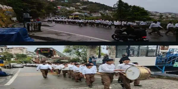बारिश के बीच मसूरी में स्वयंसेवकों ने किया पथ संचलन