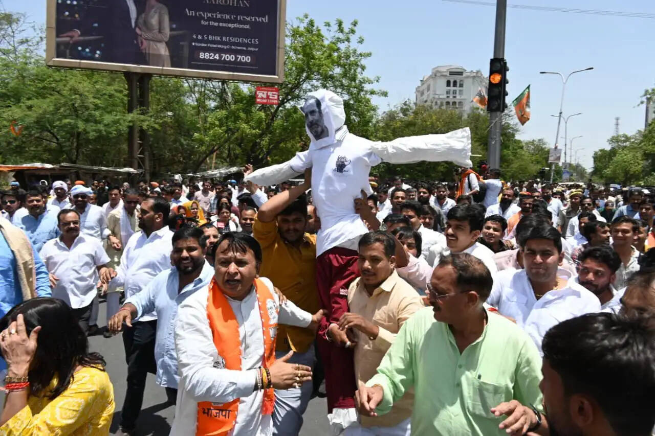राहुल गांधी के बयान पर भाजपा प्रदेश मुख्यालय से चौमूं हाउस सर्किल तक जुलूस निकाल फूंका पुतला