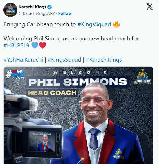 PSL: Karachi Kings appoint Phil Simmons as their head coach