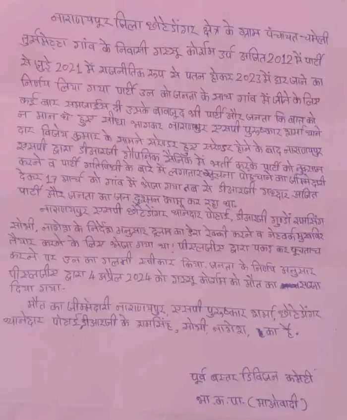 नारायणपुर : नक्सलियों ने एक आत्मसमर्पित नक्सली की अपहरण के बाद हत्या कर दी