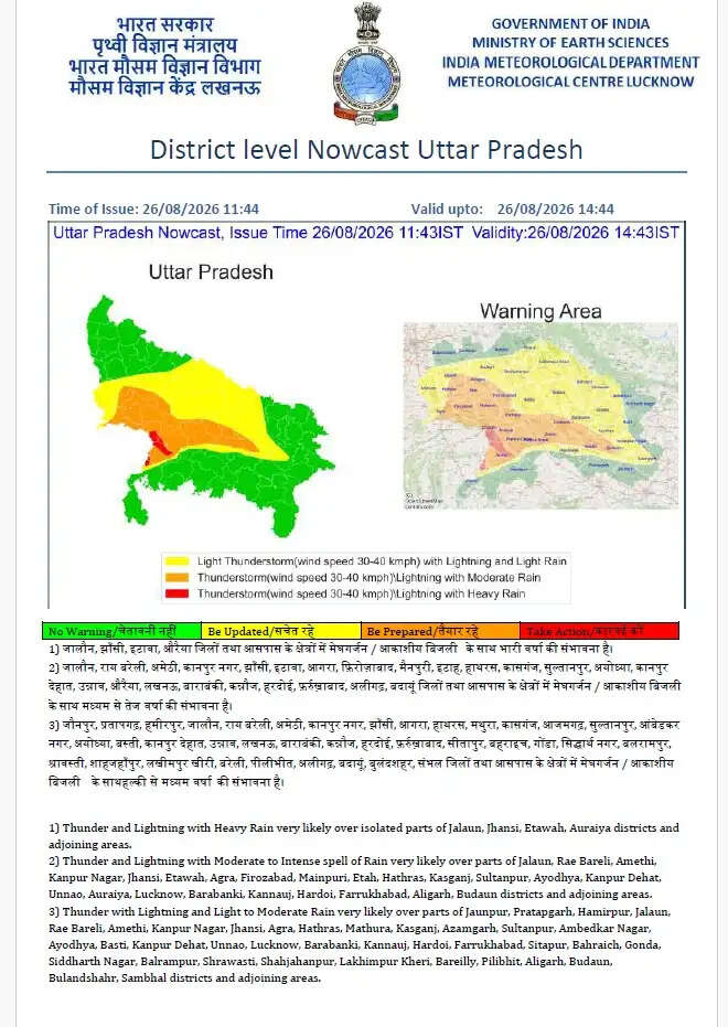 उप्र में अगले तीन घंटे गरज-चमक के साथ बारिश का ऑरेंज अलर्ट, कई जिलों में मौसम बिगड़ने के आसार