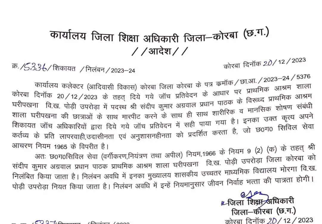 कोरबा: प्रधानपाठक संदीप अग्रवाल निलंबित