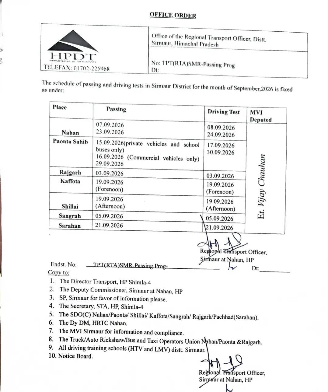 सिरमौर में सितंबर माह के लिए ड्राइविंग टेस्ट और वाहन पासिंग का शेड्यूल जारी