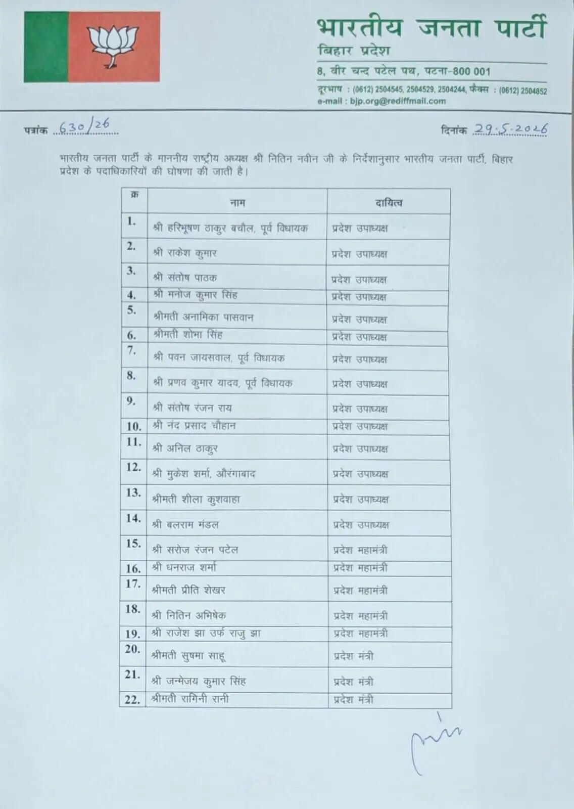 बिहार भाजपा ने की प्रदेश पदाधिकारियों की नई सूची जारी, 14 उपाध्यक्ष सहित कई महत्वपूर्ण नियुक्तियां