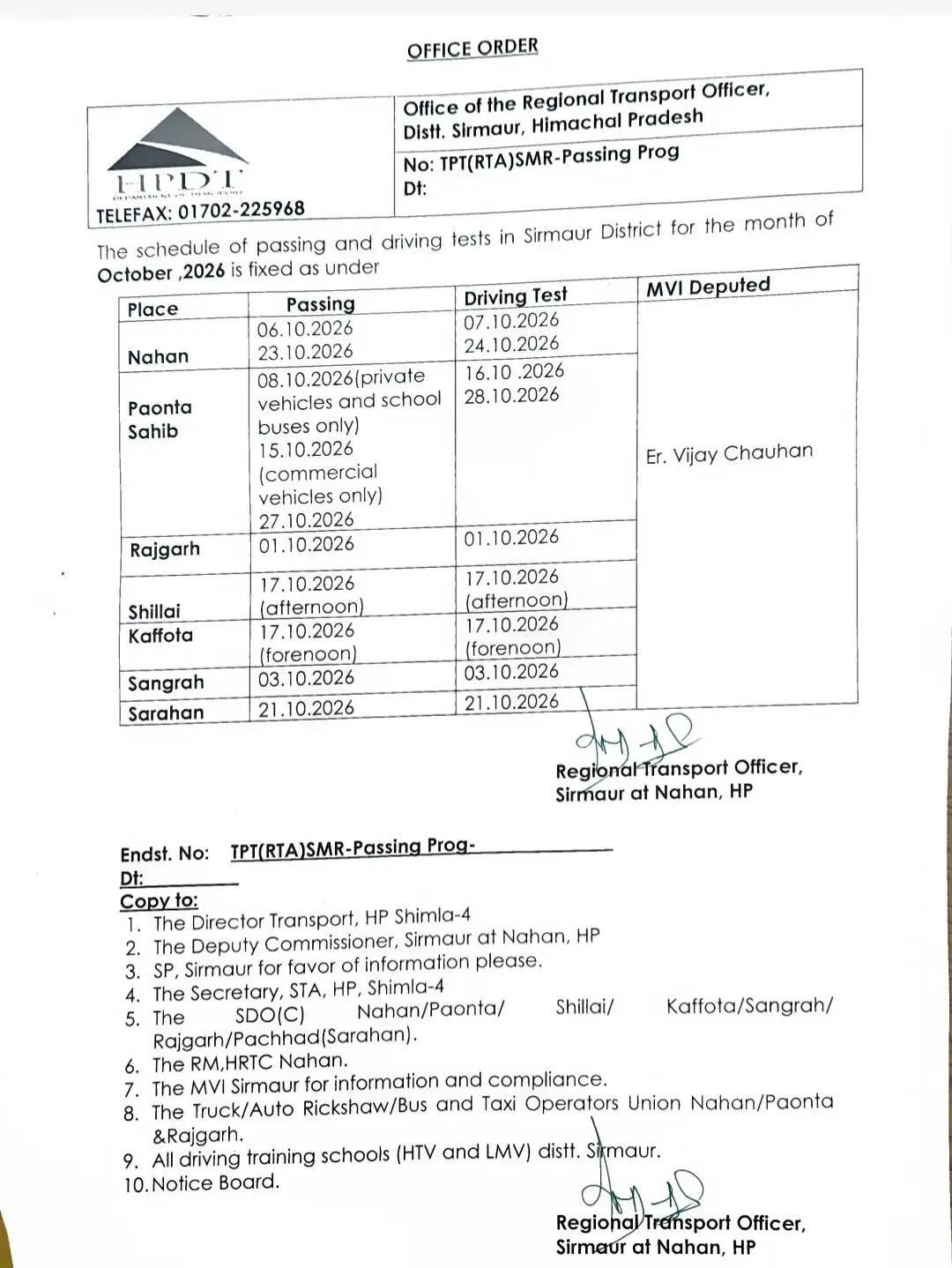 सिरमौर में अक्टूबर माह में वाहनों की पासिंग और ड्राइविंग टेस्ट का शेड्यूल जारी