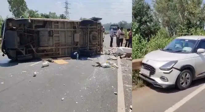 कार-एंबुलेंस की टक्कर में एंबुलेंस पलटी, तीन घायल