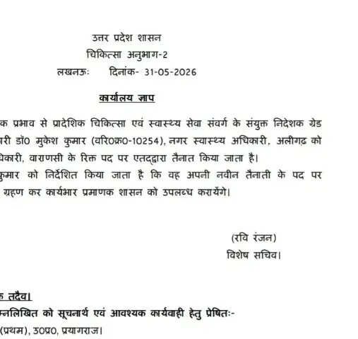 अलीगढ़ के स्वास्थ्य अधिकारी डॉ. मुकेश कुमार का वाराणसी के मुख्य चिकित्साधिकारी पद पर स्थानांतरण