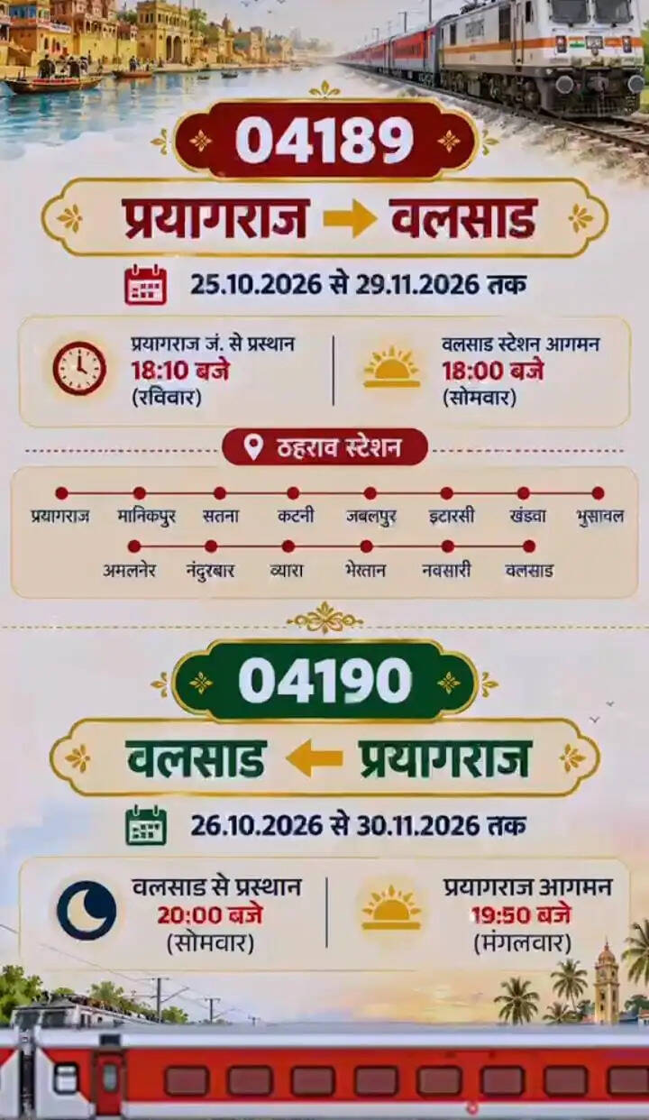 प्रयागराज से वलसाड के बीच चलेगी सुपरफास्ट स्पेशल ट्रेन, त्योहारों में यात्रियों को मिलेगी राहत