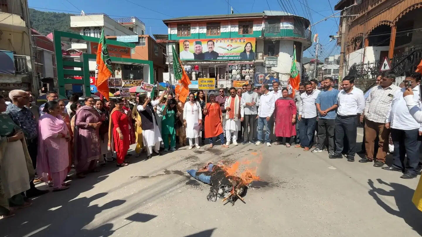 मंडी में भाजपा महिला मोर्चा ने कांग्रेस के खिलाफ किया धरना- प्रदर्शन, राहुल गांधी का फूंका पुतला