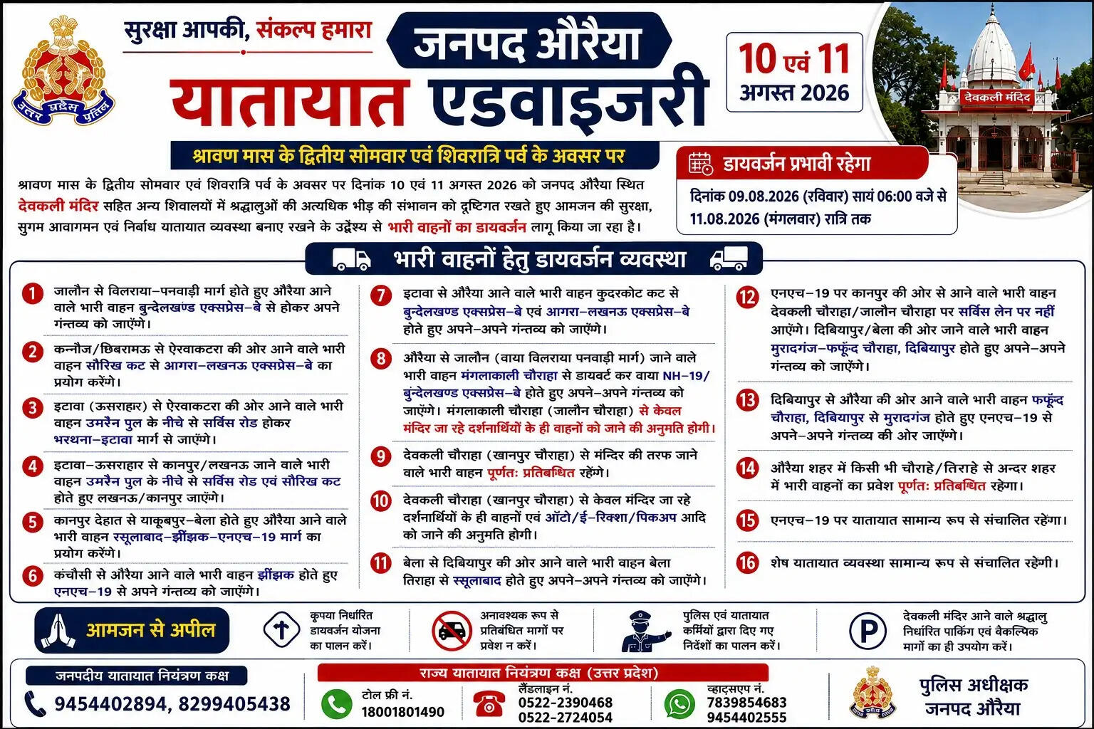 सावन के दूसरे सोमवार और शिवरात्रि पर औरैया में भारी वाहनों का रूट डायवर्जन