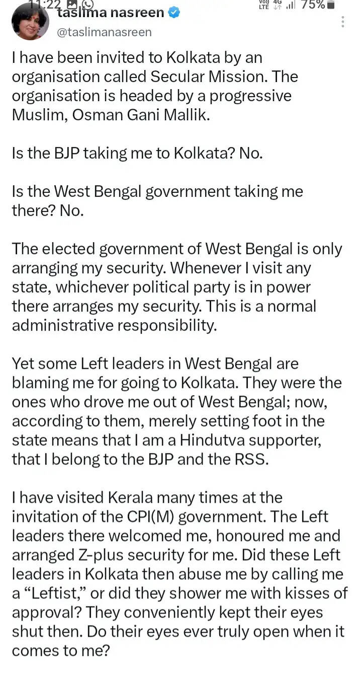 तसलीमा नसरीन ने कोलकाता वापसी को लेकर उठाए जा रहे सवालों पर दी प्रतिक्रिया