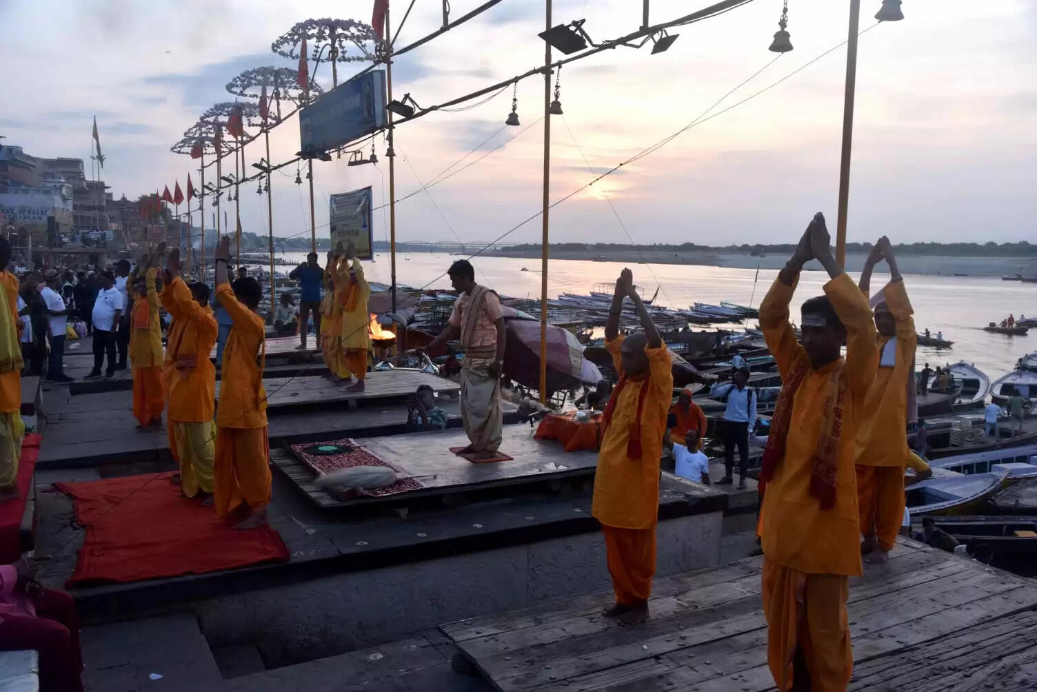 Ganga Seva Nidhi did special morning Ganga Aarti, Batuks did Surya Namaskar together